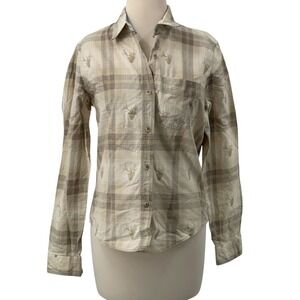 Roper Women's Long Sleeve Button Down Shirt Cream/Beige‎ Plaid Buck Deer Print M